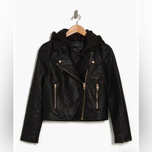 NWT - Black Faux Leather Hooded Crop Moto Jacket